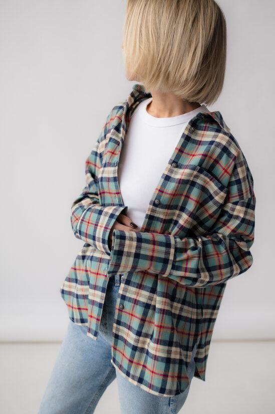 XS, OVERSIZE pogājams krekls, TIRKĪZI RŪTAINS FLANELIS