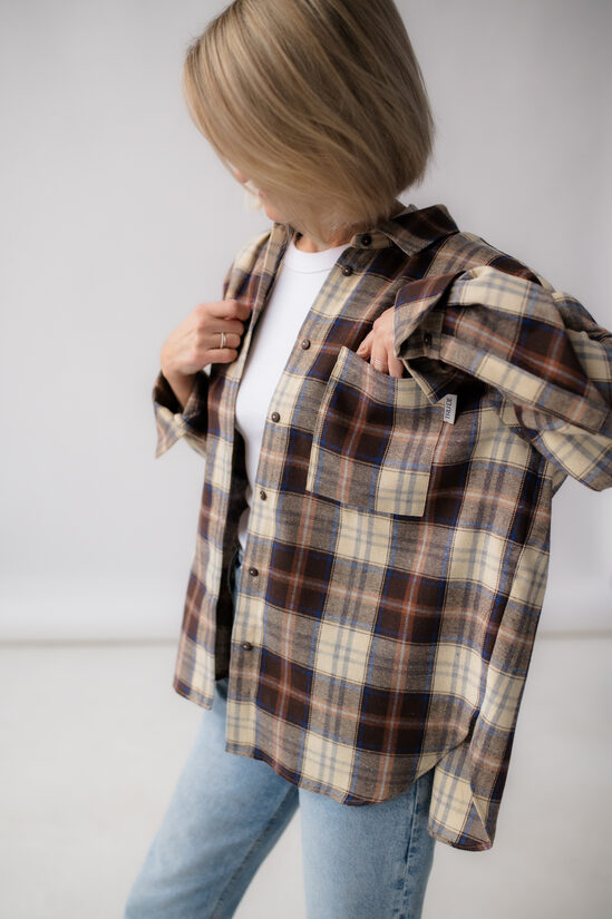 OVERSIZE pogājams krekls, BRŪNI RŪTAINS FLANELIS