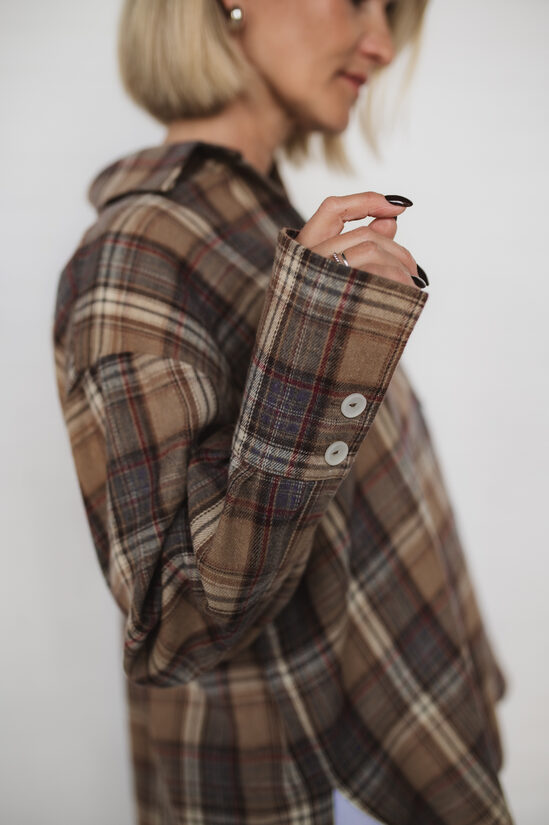 L, OVERSIZE pogājams krekls, BRŪNI RŪTAINS FLANELIS